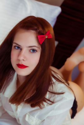 Lovely redhead nubile loves bright red lipstick